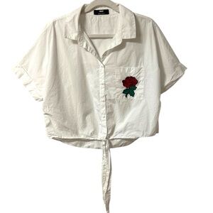 Women’s Button Up Tie Up Shirt Short Sleeve 14 Large XL White Embroidered Rose